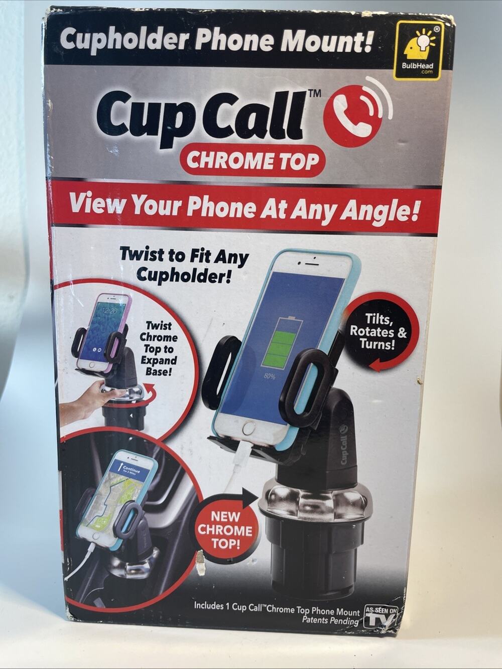BulbHead Cup Call Chrome Top Car Cupholder Cell Phone Mount Adjustable